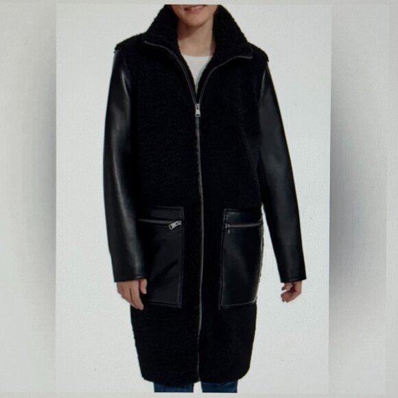 Andrew Marc Ladies Faux Leather Mixed Media Sherpa Coat NEW WITH TAGS - Picture 4 of 7